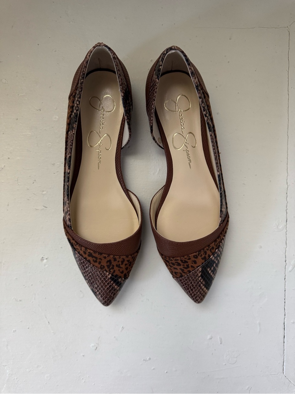 Jessica Simpson Brown Leopard & Snakeskin Pointed Flats—NWT